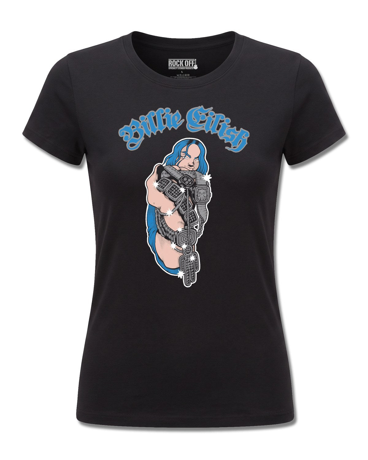 Billie Eilish Bling Glitter Print (Billie Eilish) design, front view on Black F775, Rock Off Retail official merch