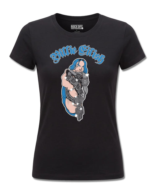 Billie Eilish Bling Glitter Print (Billie Eilish) design, front view on Black F775, Rock Off Retail official merch