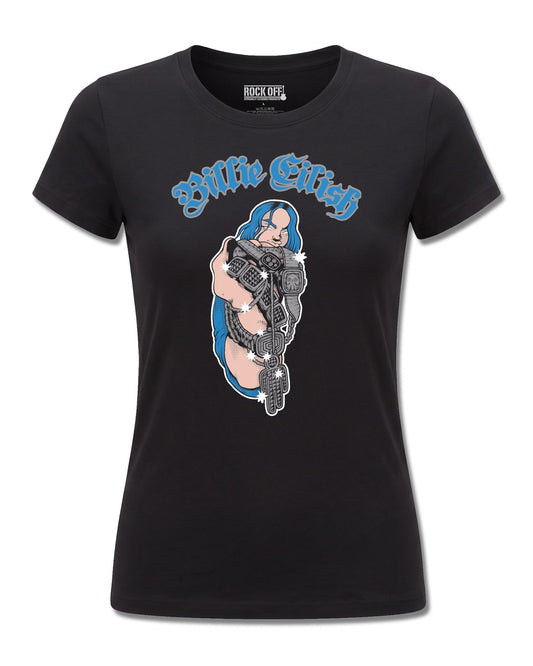 Billie Eilish Bling Glitter Print (Billie Eilish) design, front view on Black F775, Rock Off Retail official merch