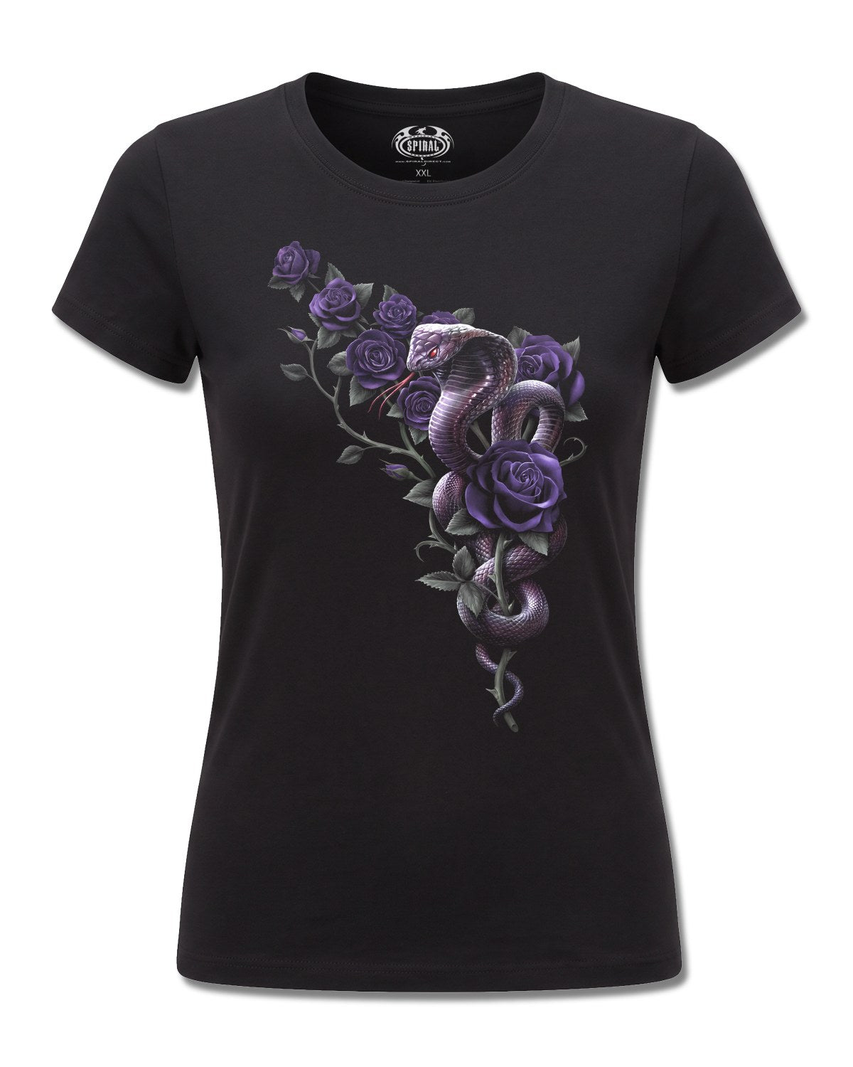 Spiral Cobra Roses design, front view on Black F775, Rock Off Retail official merch