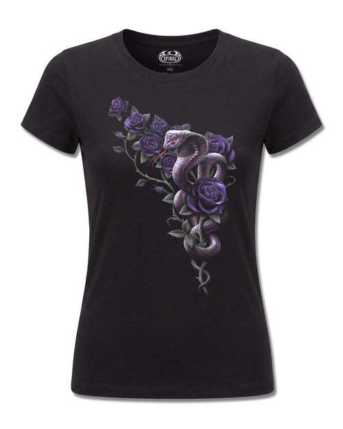 Spiral Cobra Roses design, front view on Black F775, Rock Off Retail official merch