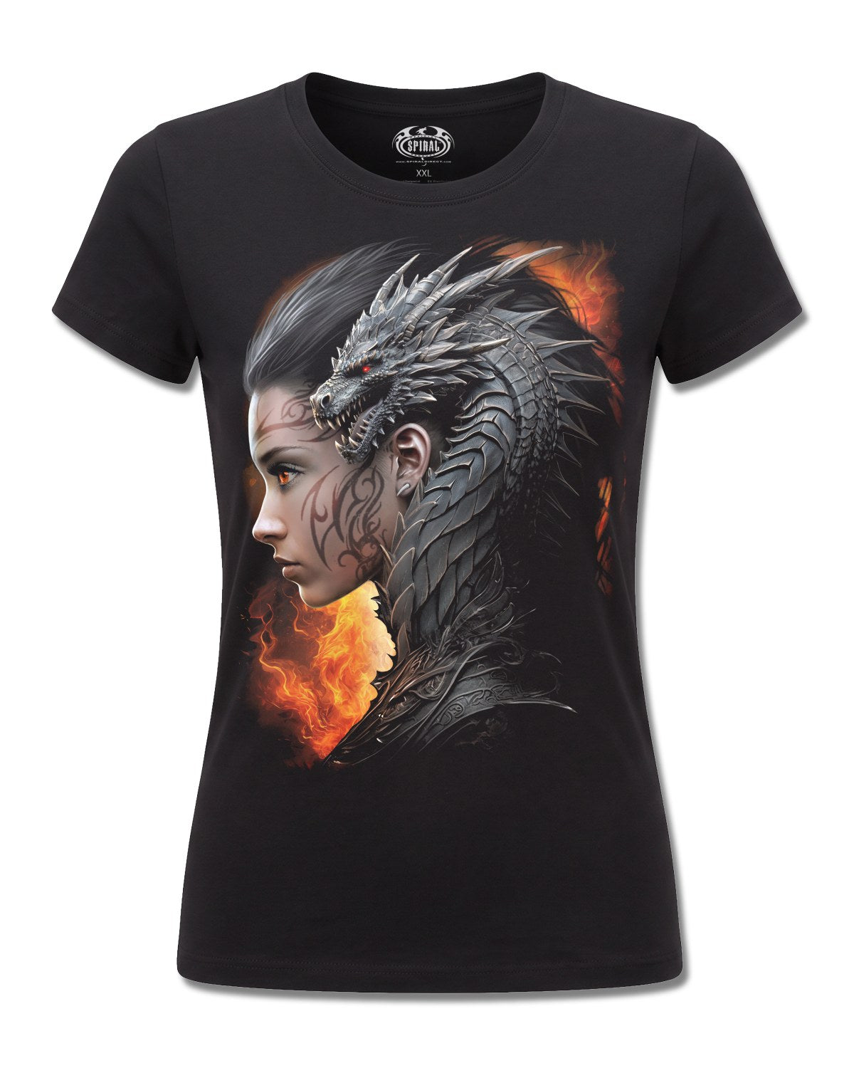 Spiral Draco Queen design, front view on Black F775, Rock Off Retail official merch