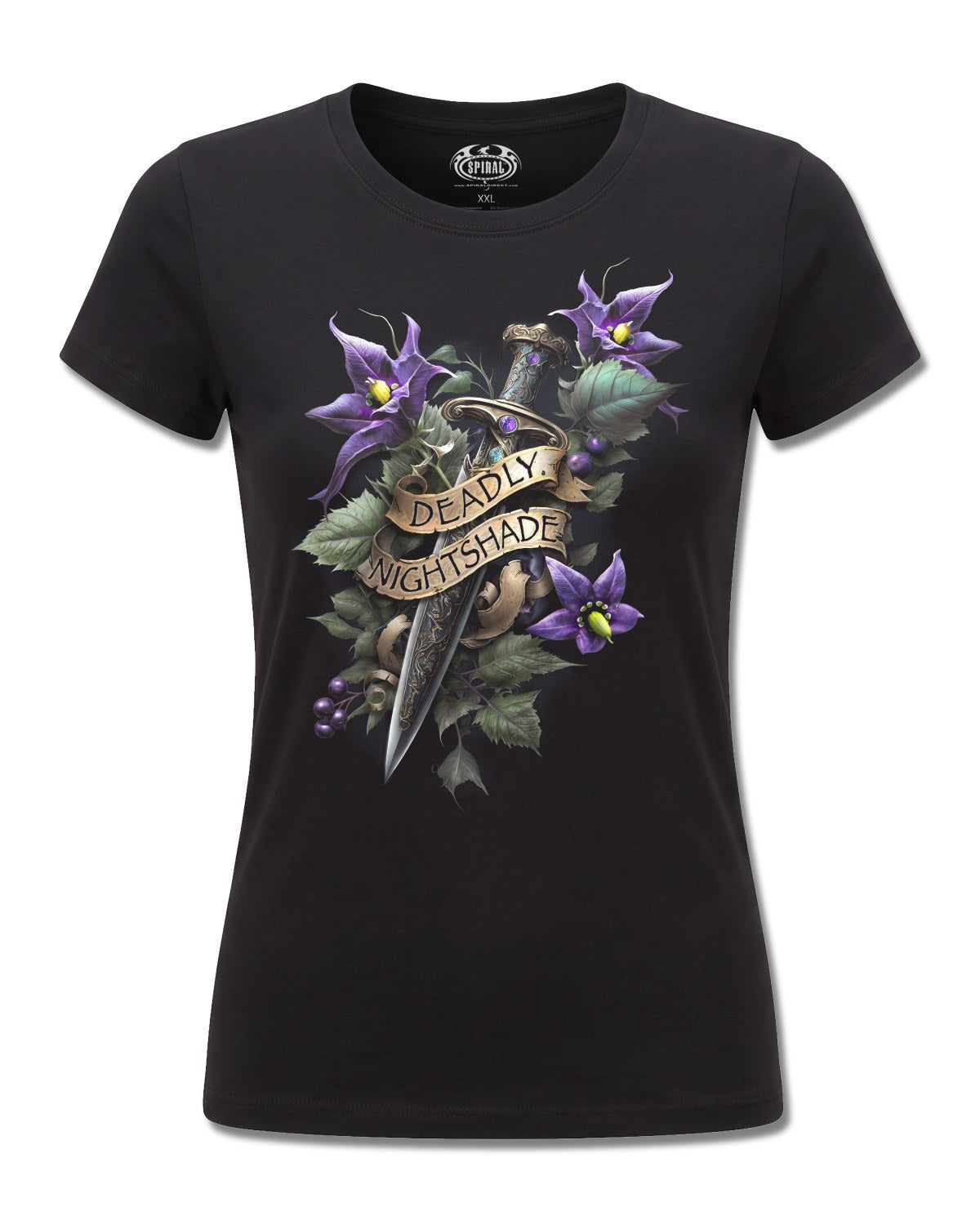 Spiral Deadly Nightshade design, front view on Black F775, Rock Off Retail official merch