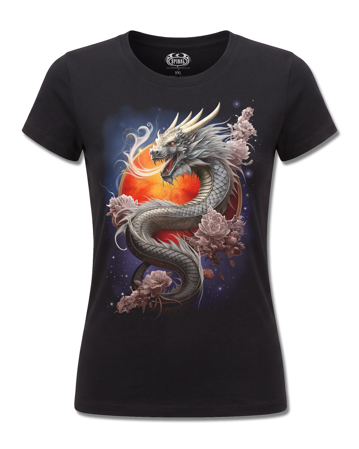 Spiral Sun Dragon design, front view on Black F775, Rock Off Retail official merch