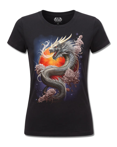 Spiral Sun Dragon design, front view on Black F775, Rock Off Retail official merch