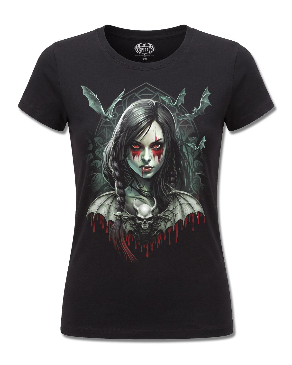 Spiral Hallow's Eve design, front view on Black F775, Rock Off Retail official merch