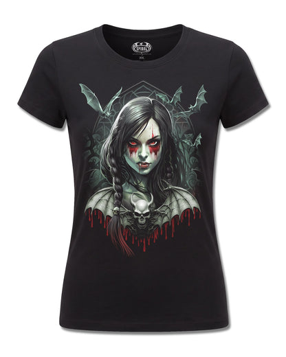 Spiral Hallow's Eve design, front view on Black F775, Rock Off Retail official merch