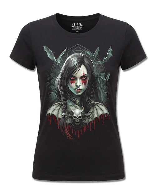 Spiral Hallow's Eve design, front view on Black F775, Rock Off Retail official merch