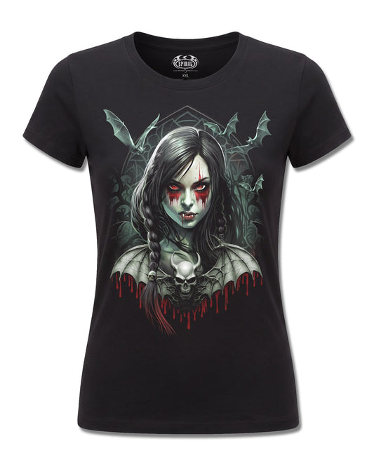 Spiral Hallow's Eve design, front view on Black F775, Rock Off Retail official merch