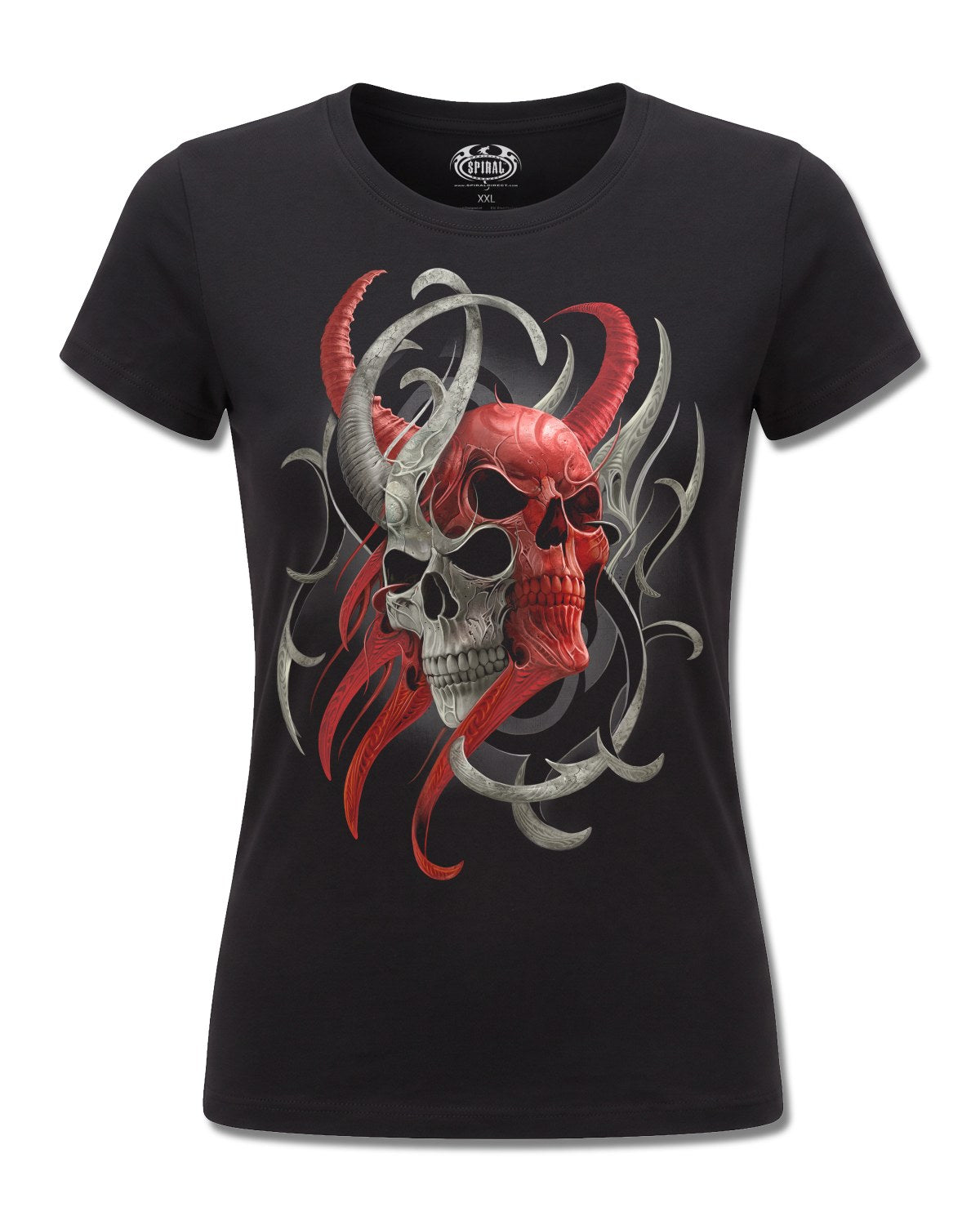 Spiral Skull Synthesis design, front view on Black F775, Rock Off Retail official merch