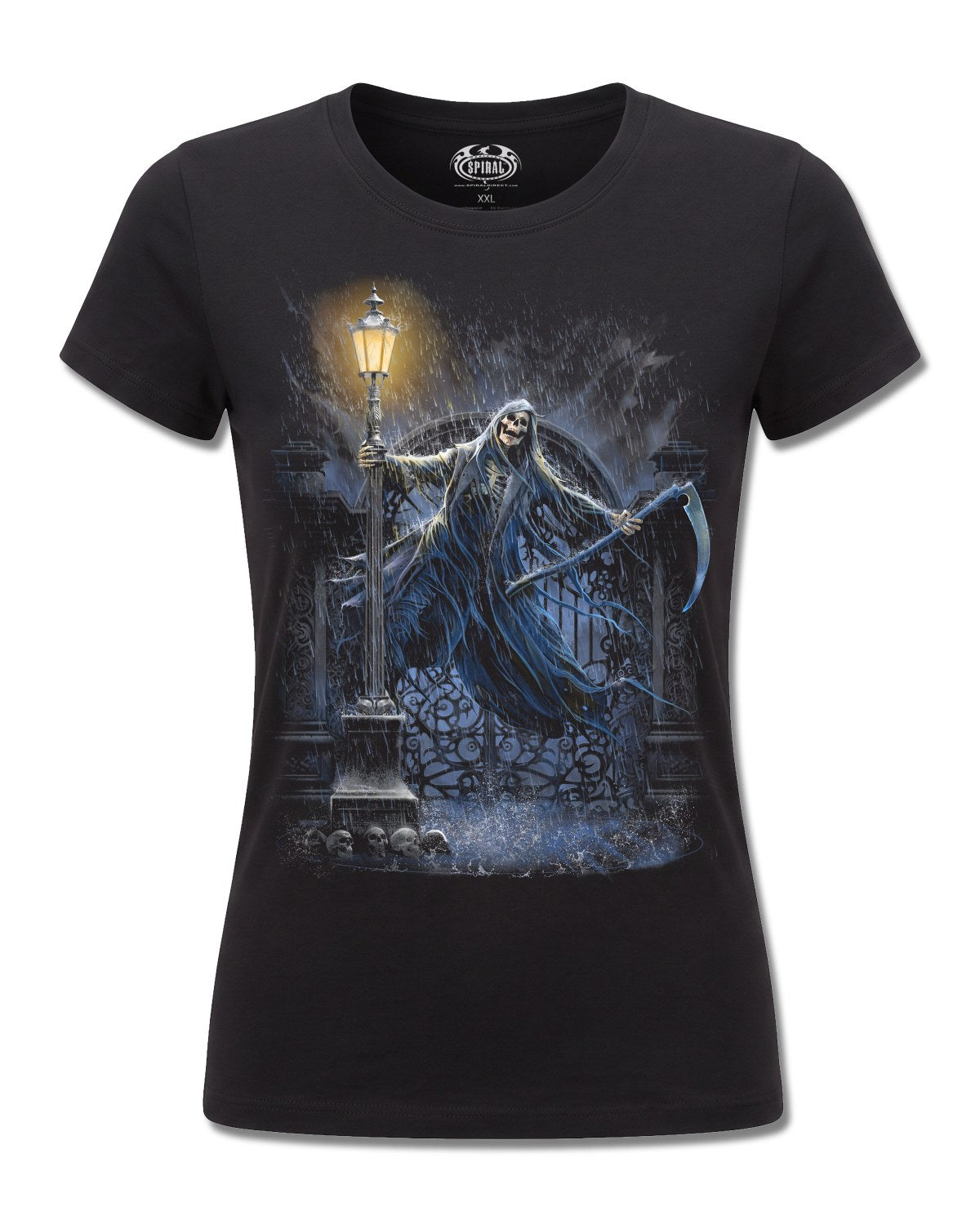 Spiral Reaping In The Rain design, front view on Black F775, Rock Off Retail official merch