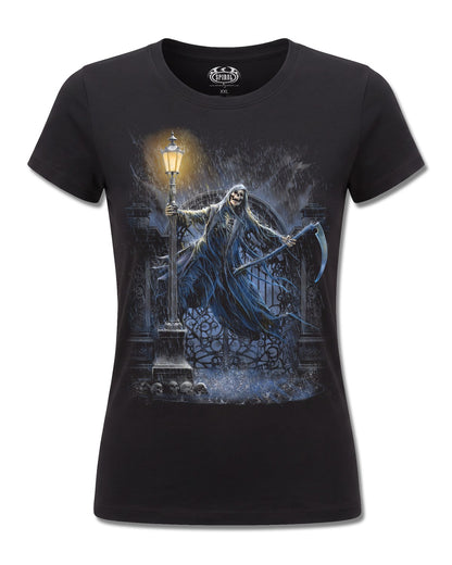 Spiral Reaping In The Rain design, front view on Black F775, Rock Off Retail official merch