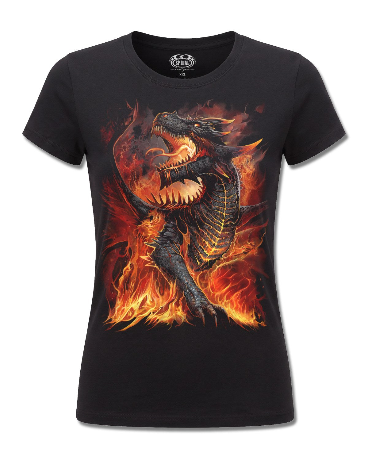 Spiral Draconis design, front view on Black F775, Rock Off Retail official merch
