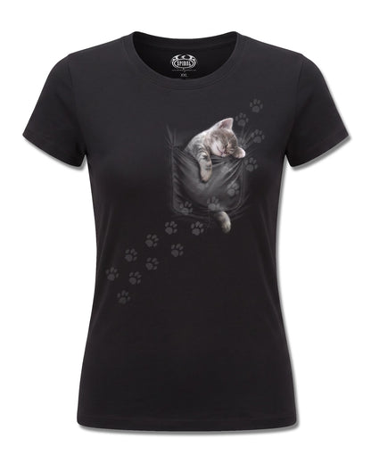 Spiral Pocket Kitten design, front view on Black F775, Rock Off Retail official merch