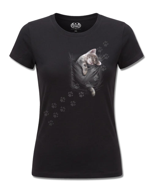Spiral Pocket Kitten design, front view on Black F775, Rock Off Retail official merch