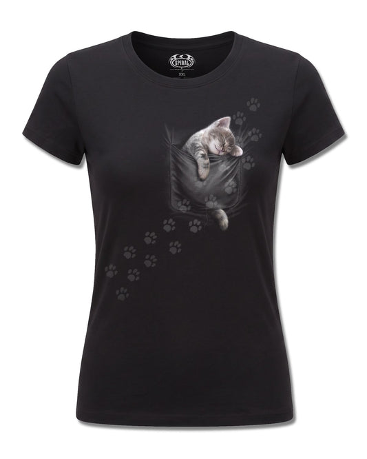 Spiral Pocket Kitten design, front view on Black F775, Rock Off Retail official merch