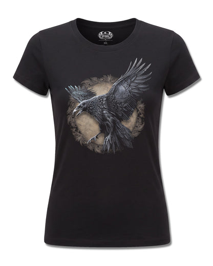 Spiral Raven Wise Wings design, front view on Black F775, Rock Off Retail official merch