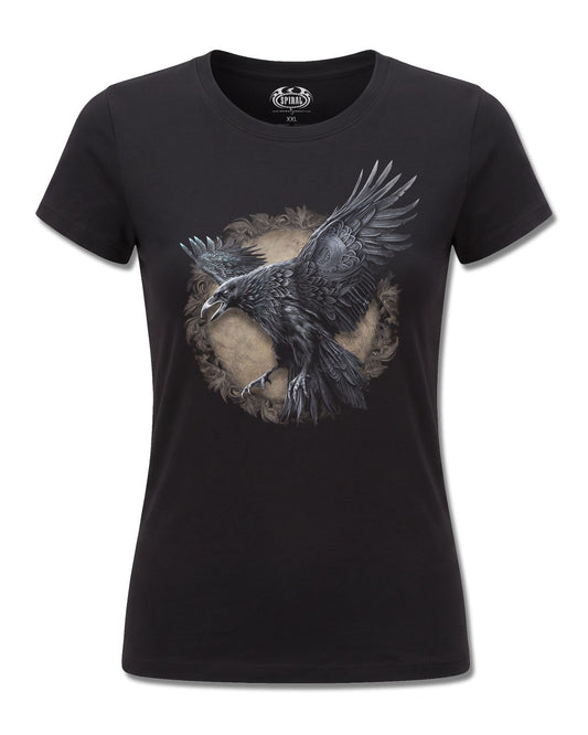 Spiral Raven Wise Wings design, front view on Black F775, Rock Off Retail official merch