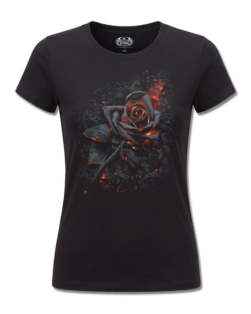 Spiral Burnt Rose design, front view on Black F775, Rock Off Retail official merch