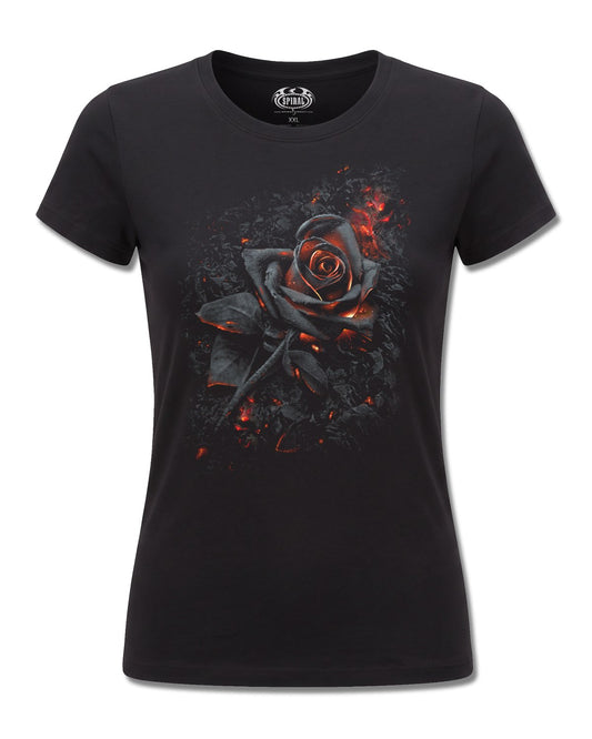 Spiral Burnt Rose design, front view on Black F775, Rock Off Retail official merch