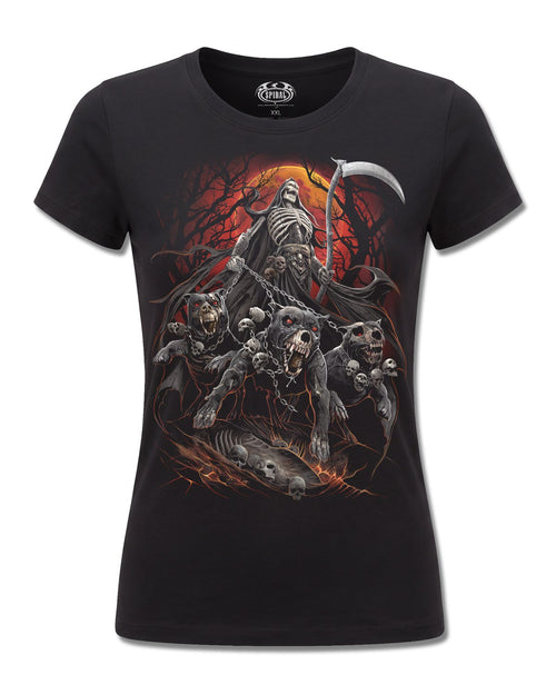 Spiral Harbingers design, front view on Black F775, Rock Off Retail official merch