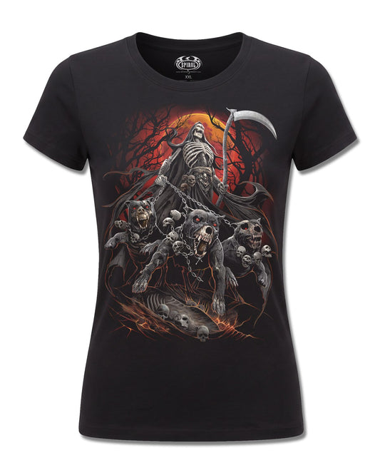 Spiral Harbingers design, front view on Black F775, Rock Off Retail official merch