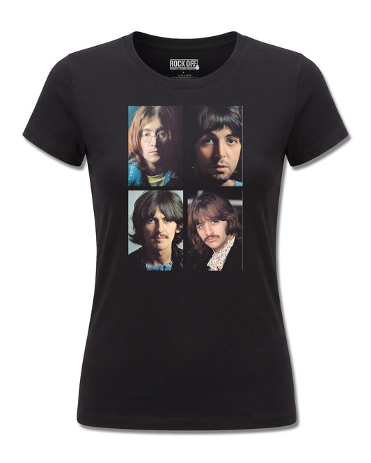 The Beatles White Album Faces (The Beatles) design, front view on Black F775, Rock Off Retail official merch