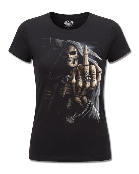 Spiral Bone Finger design, front view on Black F775, Rock Off Retail official merch