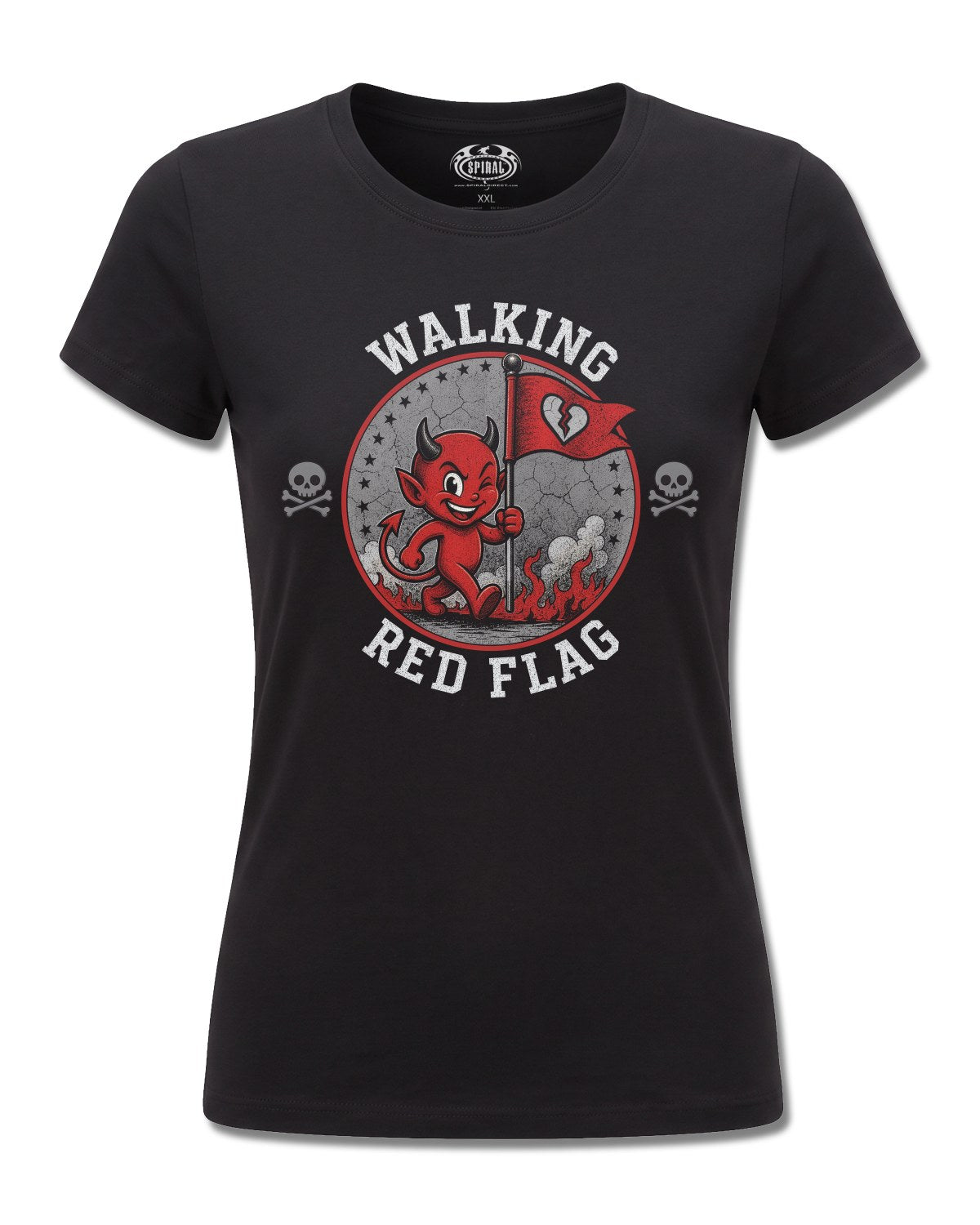 Spiral Red Flag design, front view on Black F775, Rock Off Retail official merch