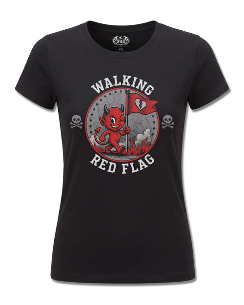Spiral Red Flag design, front view on Black F775, Rock Off Retail official merch