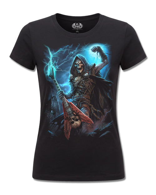 Spiral Dead Metal design, front view on Black F775, Rock Off Retail official merch