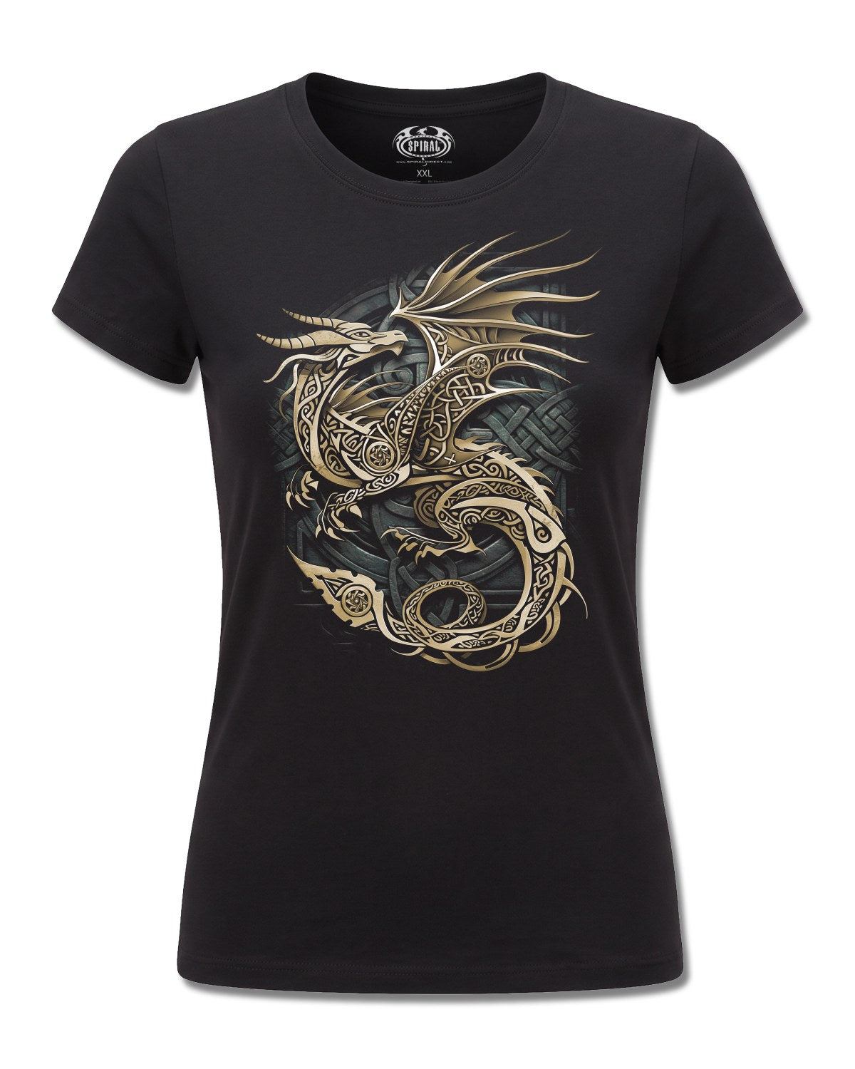 Spiral Celtic Dragon design, front view on Black F775, Rock Off Retail official merch