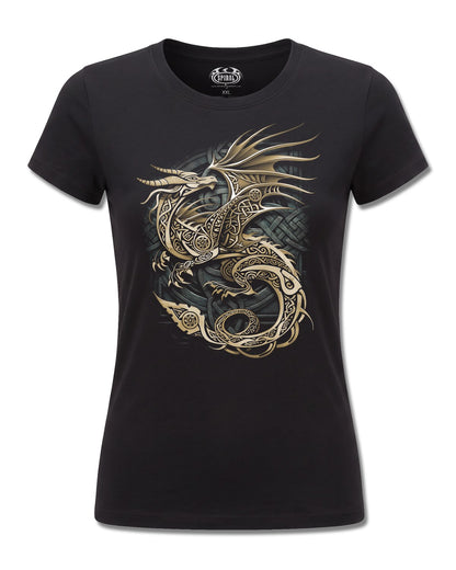 Spiral Celtic Dragon design, front view on Black F775, Rock Off Retail official merch