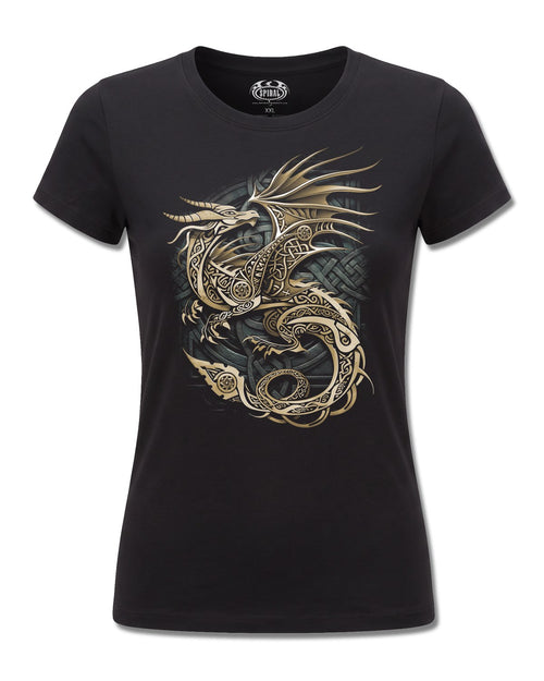 Spiral Celtic Dragon design, front view on Black F775, Rock Off Retail official merch