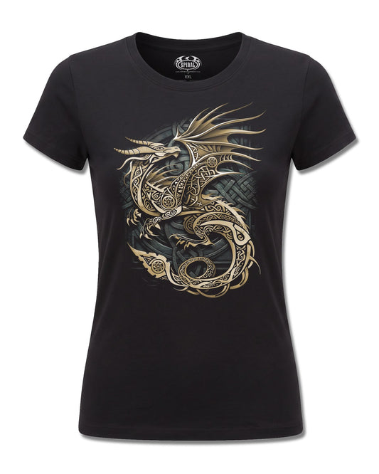Spiral Celtic Dragon design, front view on Black F775, Rock Off Retail official merch