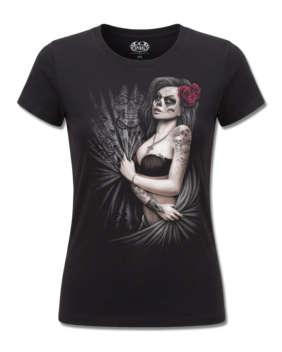 Spiral Dead Love design, front view on Black F775, Rock Off Retail official merch