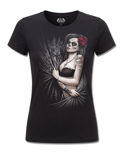 Spiral Dead Love design, front view on Black F775, Rock Off Retail official merch