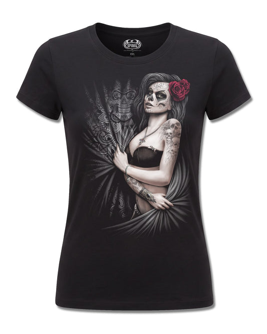 Spiral Dead Love design, front view on Black F775, Rock Off Retail official merch