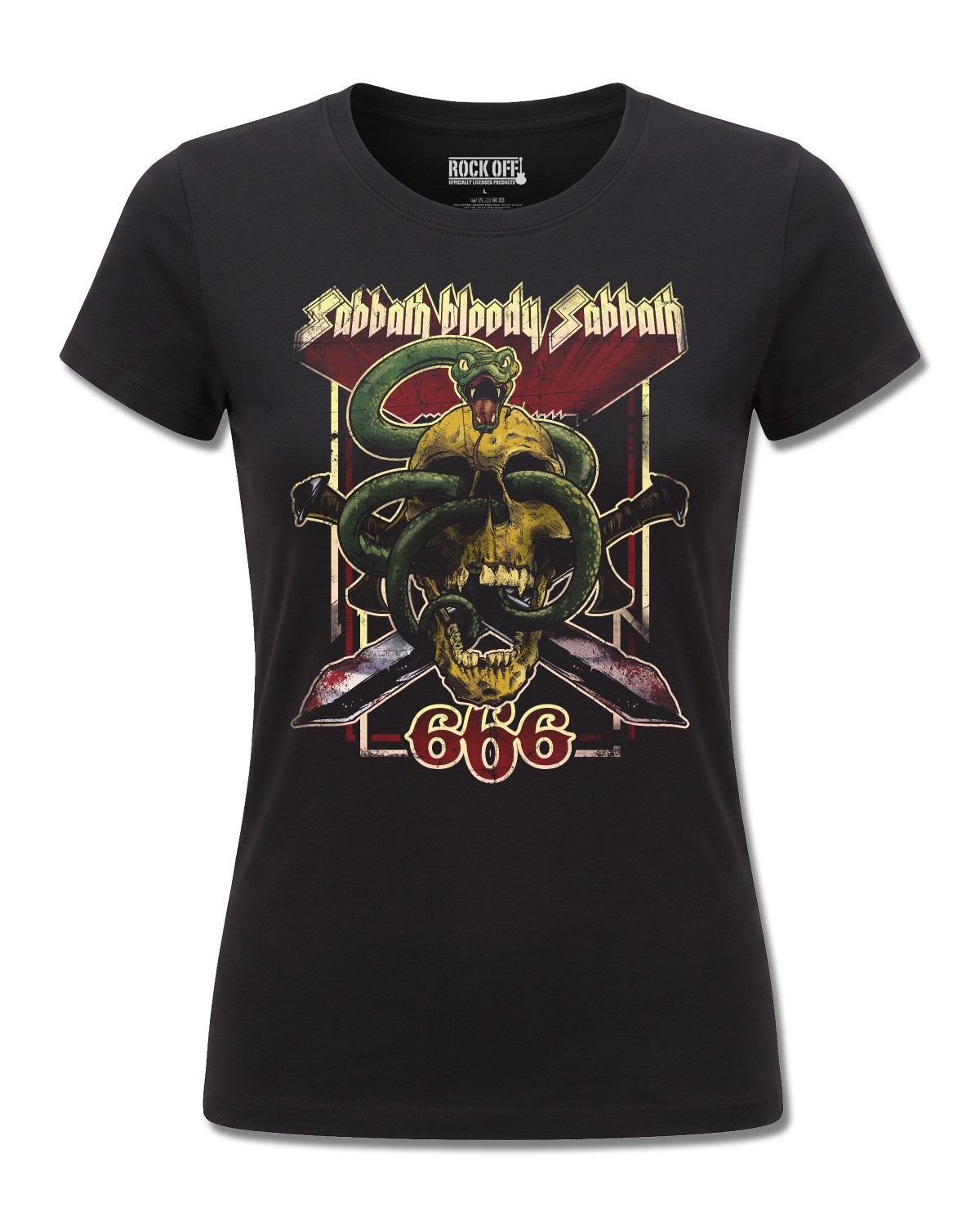 Black Sabbath Bloody Sabbath 666 (Black Sabbath) design, front view on Black F775, Rock Off Retail official merch