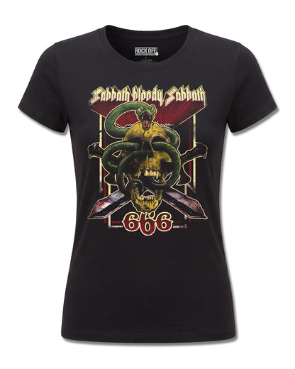 Black Sabbath Bloody Sabbath 666 (Black Sabbath) design, front view on Black F775, Rock Off Retail official merch