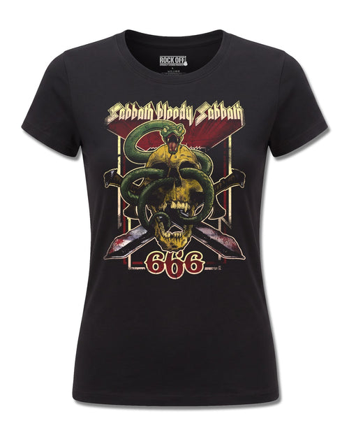 Black Sabbath Bloody Sabbath 666 (Black Sabbath) design, front view on Black F775, Rock Off Retail official merch