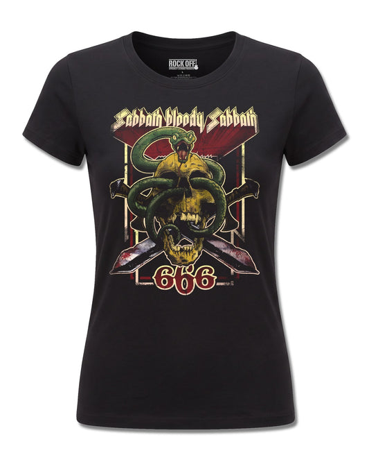 Black Sabbath Bloody Sabbath 666 (Black Sabbath) design, front view on Black F775, Rock Off Retail official merch