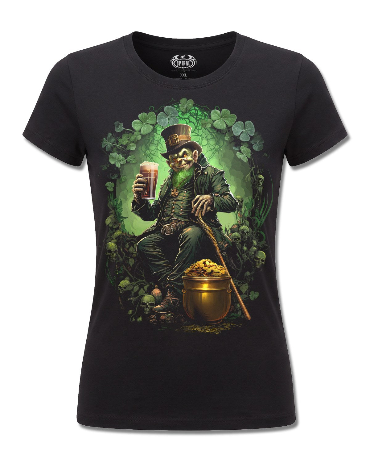 Spiral Shenanigans design, front view on Black F775, Rock Off Retail official merch