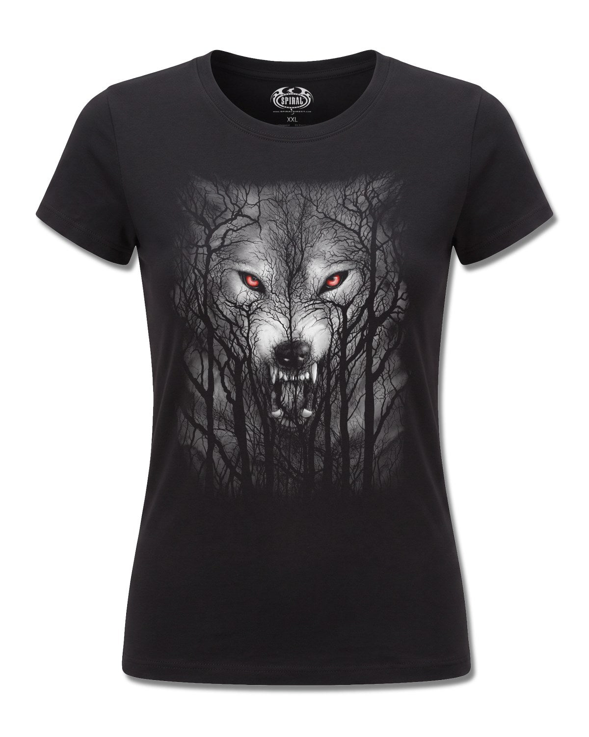 Spiral Forest Wolf design, front view on Black F775, Rock Off Retail official merch