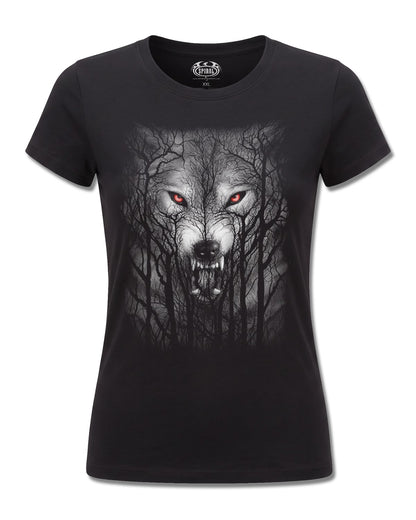 Spiral Forest Wolf design, front view on Black F775, Rock Off Retail official merch