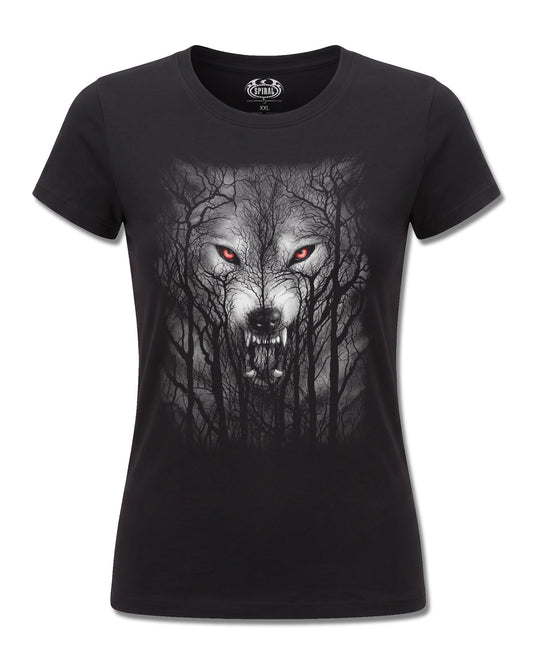 Spiral Forest Wolf design, front view on Black F775, Rock Off Retail official merch
