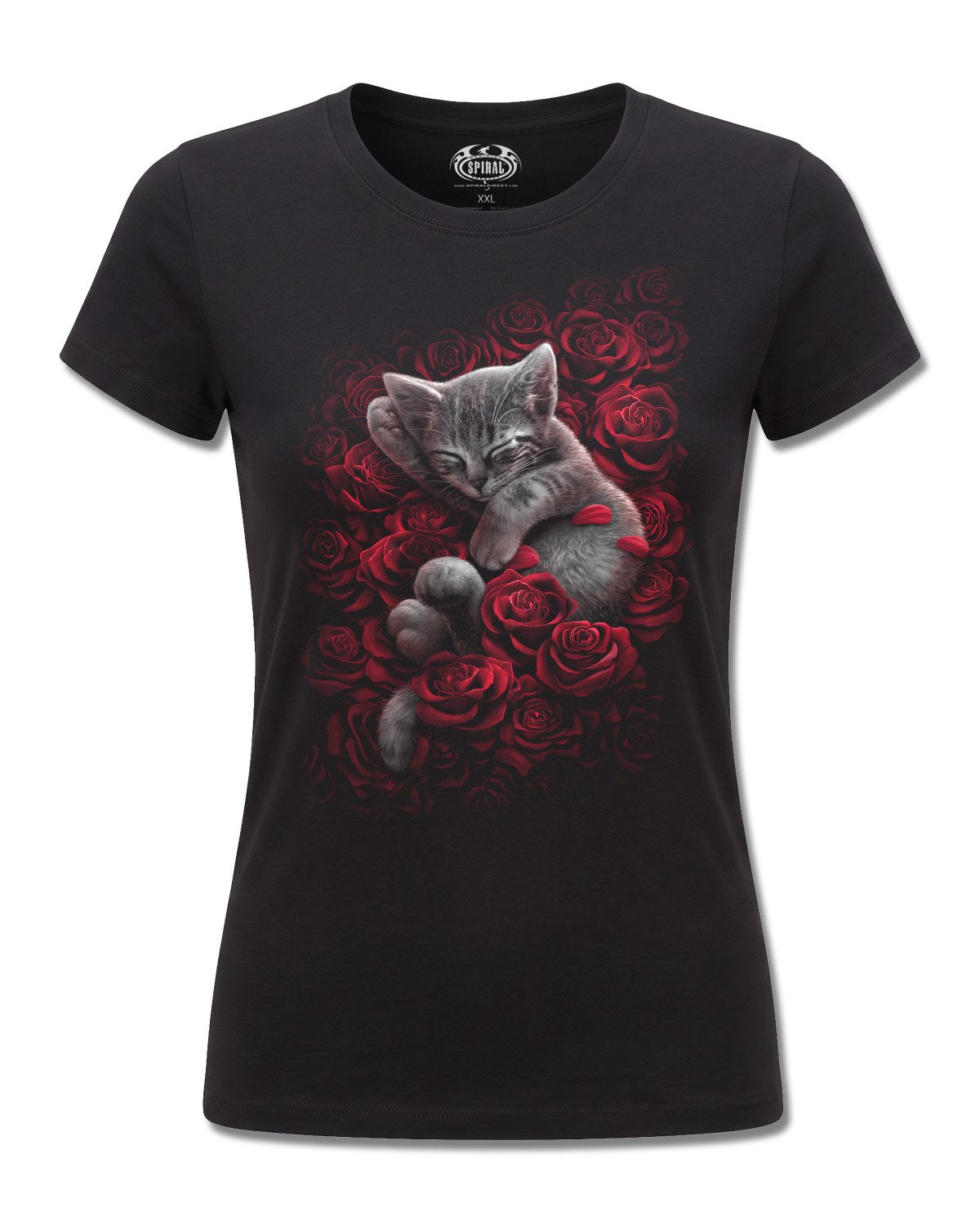 Spiral Bed Of Roses design, front view on Black F775, Rock Off Retail official merch
