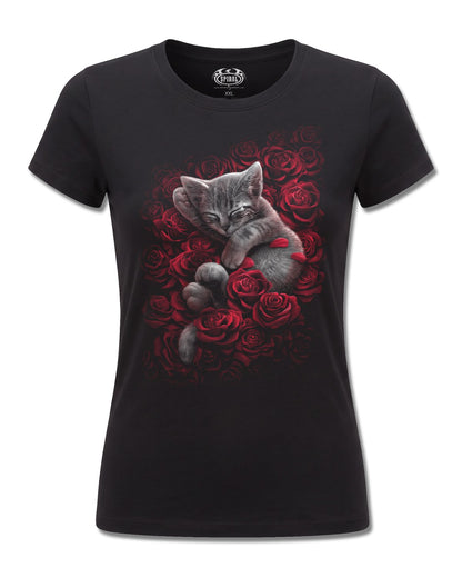 Spiral Bed Of Roses design, front view on Black F775, Rock Off Retail official merch