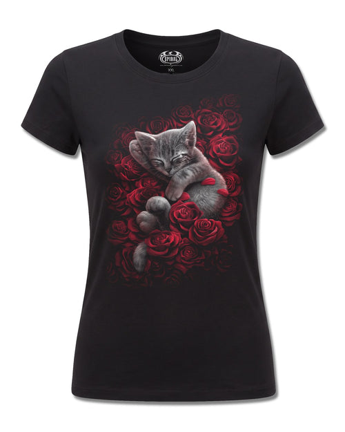 Spiral Bed Of Roses design, front view on Black F775, Rock Off Retail official merch
