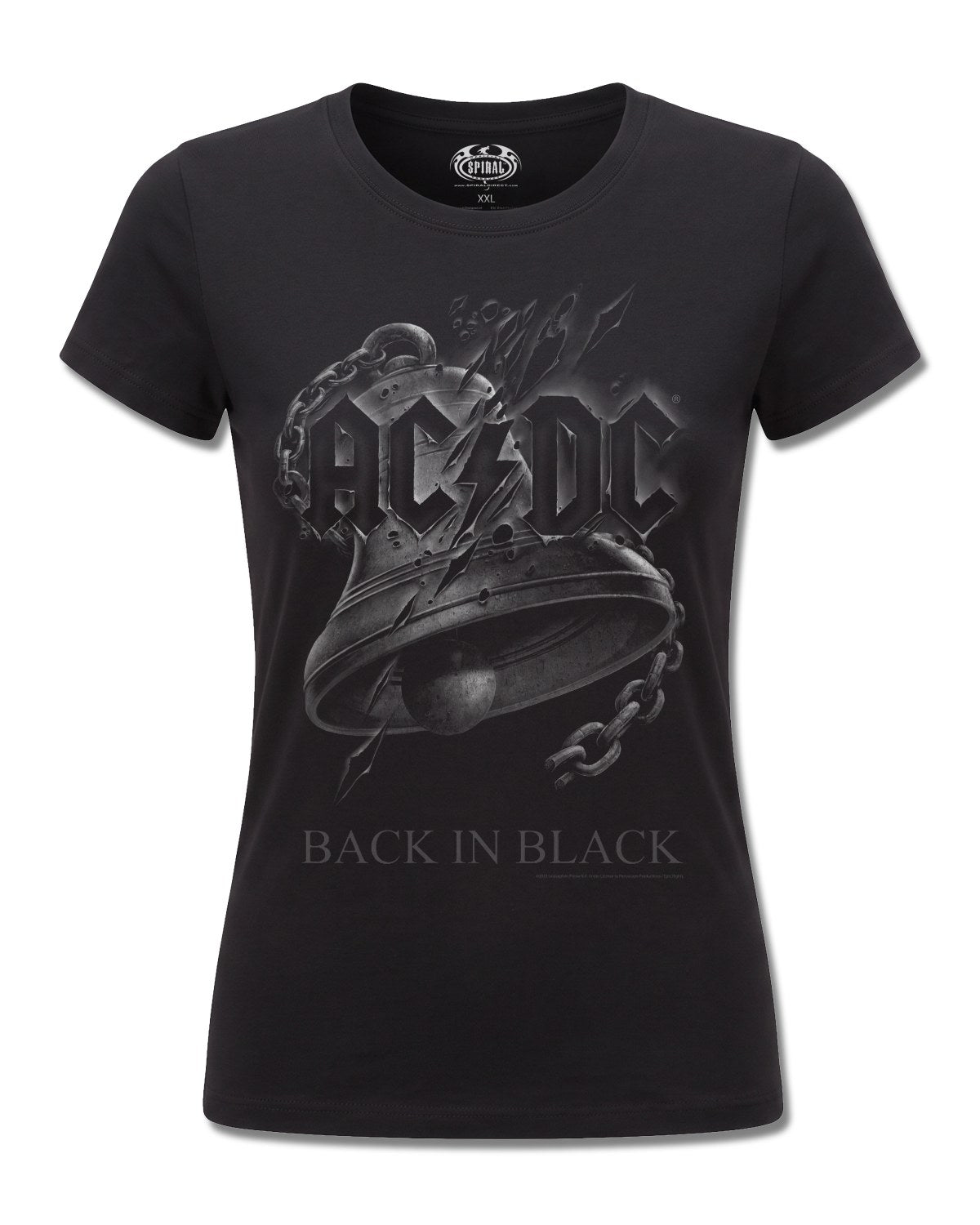 AC/DC Back In Black Torn (AC/DC) design, front view on Black F775, Rock Off Retail official merch